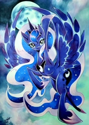 Size: 1452x2048 | Tagged: safe, artist:025aki, princess luna, alicorn, pony, g4, female, flying, full moon, hoof shoes, mare, moon, solo, spread wings, traditional art, wings