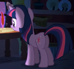 Size: 1370x1275 | Tagged: safe, screencap, twilight sparkle, pony, unicorn, g4, owl's well that ends well, butt, cropped, female, golden oaks library, magic, plot, quill, scroll, solo, twibutt, unicorn twilight