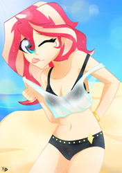 Size: 2304x3264 | Tagged: safe, artist:xan-gelx, sunset shimmer, equestria girls, g4, adorasexy, beach, belly button, breasts, cleavage, clothes, cute, female, high res, looking at you, ocean, one eye closed, sand, see-through, sexy, shimmerbetes, sleeveless, solo, sunset shimmer's beach shorts swimsuit, swimsuit, tongue out, water, wet
