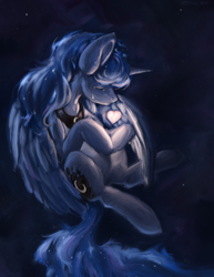 Size: 2550x3300 | Tagged: safe, artist:rigbyh00ves, princess luna, alicorn, pony, g4, crying, eyes closed, female, glowing, heart, high res, mare, night, protecting, solo, stars, teary eyes, three quarter view, wings