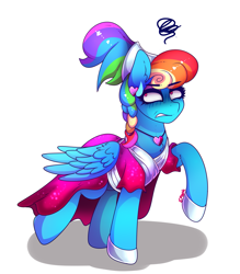Size: 1425x1626 | Tagged: safe, artist:aaa-its-spook, rainbow dash, pegasus, pony, g4, sparkle's seven, alternate hairstyle, clothes, dress, ear piercing, earring, female, hoof shoes, jewelry, megaradash, necklace, piercing, rainbow dash is not amused, raised leg, solo, unamused