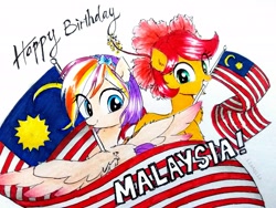 Size: 3096x2322 | Tagged: safe, artist:liaaqila, oc, oc:qilala, oc:rosa blossomheart, :p, bunga raya, cute, flag, flower, flower in hair, hibiscus, jalur gemilang, malay independence day, malaysia, malaysian flag, ocbetes, simple background, tongue out, traditional art, white background