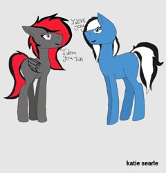 Size: 828x864 | Tagged: safe, oc, oc:buffonsmash, oc:dicemare, pegasus, pony, cute, dialogue, female, husband and wife, looking up, male, monochrome, photo, standing, text