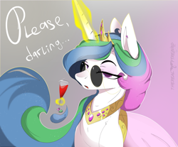 Size: 2123x1754 | Tagged: safe, artist:therealf1rebird, princess celestia, alicorn, pony, g4, alcohol, alternate hairstyle, clothes, darling, dress, female, glasses, horn, looking at you, magic, mare, solo, sunglasses, telekinesis, wine