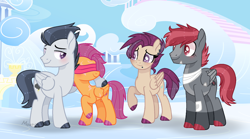 Size: 2008x1116 | Tagged: safe, artist:pancakeartyt, rumble, scootaloo, oc, oc:shadow shield, oc:stormy night, pony, g4, blindfold, female, male, mare, offspring, parent:rumble, parent:scootaloo, parents:rumbloo, ship:rumbloo, shipping, stallion, straight