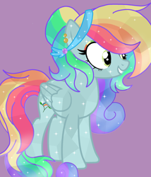 Size: 1800x2100 | Tagged: safe, artist:circuspaparazzi5678, oc, oc only, oc:rainbow blitz, crystal pony, pegasus, pony, alternate hairstyle, base used, crystal, curly mane, ear piercing, earring, jewelry, magical lesbian spawn, main oc, multicolored hair, offspring, parent:fluttershy, parent:rainbow dash, parents:flutterdash, piercing, rainbow hair, rainbow makeup, shiny, solo