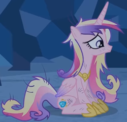 Size: 1196x1159 | Tagged: safe, screencap, princess cadance, alicorn, pony, a canterlot wedding, g4, season 2, cave, cropped, crystal caverns, cute, cutedance, dirty, female, mare, messy mane, scratches, sitting, smiling, solo