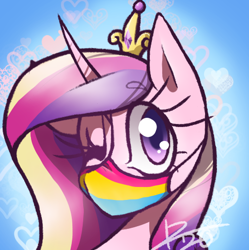 Size: 482x484 | Tagged: safe, artist:kaywhitt, princess cadance, alicorn, pony, g4, blue background, commission, coronavirus, covid-19, crown, face mask, female, heart, jewelry, mare, mask, one eye closed, pansexual, pansexual pride flag, pride, pride flag, regalia, simple background, solo, wink, ych result