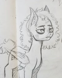 Size: 1080x1350 | Tagged: safe, artist:xyedoesthings, oc, oc only, oc:flower power, pegasus, pony, female, frown, lineart, mare, pegasus oc, smiling, tired, traditional art, wings