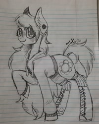 Size: 1080x1350 | Tagged: safe, artist:xyedoesthings, oc, oc only, oc:flower power, earth pony, pony, clothes, ear fluff, ear piercing, earth pony oc, female, lineart, mare, piercing, raised hoof, signature, smiling, solo, traditional art