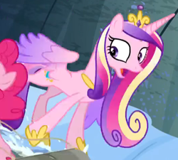 Size: 1190x1071 | Tagged: safe, screencap, pinkie pie, princess cadance, alicorn, pony, g4, party pooped, colored wings, cropped, female, jpg artifacts, shocked expression, snow, solo focus, wings