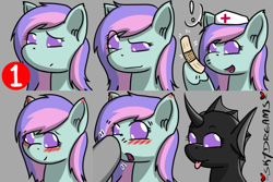Size: 768x512 | Tagged: safe, artist:skydreams, oc, oc:blissy, changeling, :p, bandaid, blushing, boop, commission, curious, disguise, disguised changeling, ear blush, emoji, emotes, exclamation point, female, hat, heart-shaped hooves, mare, nurse hat, smiling, smirk, tongue out