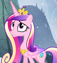 Size: 1204x1325 | Tagged: safe, screencap, princess cadance, alicorn, pony, g4, party pooped, cropped, crown, female, folded wings, jewelry, mare, regalia, snow, snowfall, solo, tiara, wings
