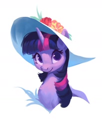 Size: 1256x1535 | Tagged: safe, artist:luciferamon, twilight sparkle, pony, unicorn, g4, bust, chest fluff, colored pupils, cute, female, flower, hat, horn, looking at you, mare, portrait, simple background, smiling, smiling at you, solo, sun hat, twiabetes, unicorn twilight, white background
