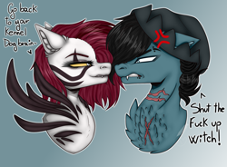 Size: 1624x1196 | Tagged: safe, artist:speedpurple26, oc, oc:emalajiss, oc:jughead, earth pony, pegasus, pony, angry, bust, chest fluff, cross-popping veins, cute, earth pony oc, fangs, fluffy, handdrawing, hat, oc x oc, pegasus oc, scar, sexy, shipping, simple background, wings