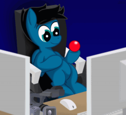 Size: 1800x1650 | Tagged: safe, artist:agkandphotomaker2000, oc, oc:pony video maker, pegasus, pony, animated, animation loop, ball, camera, catching, chair, computer, desktop, distraction, gif, keyboard, monitor, relaxing, throwing