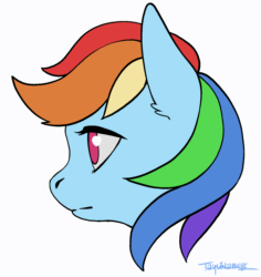 Size: 1413x1496 | Tagged: safe, artist:taytinabelle, rainbow dash, pegasus, pony, g4, animated, aside glance, blinking, bust, ear flick, ear fluff, experiment, female, floppy ears, frame by frame, looking at you, mare, simple background, smiling, solo, white background, windswept mane