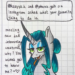 Size: 1080x1080 | Tagged: safe, artist:galaxy.in.mind, oc, oc only, oc:crystal dawn, changepony, pony, unicorn, ask, bedroom eyes, bust, female, forked tongue, graph paper, horn, magical lesbian spawn, makeup, mare, offspring, parent:princess celestia, parent:queen chrysalis, parents:chryslestia, solo, tongue out, traditional art, unicorn oc
