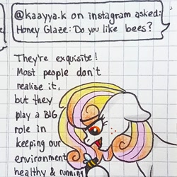 Size: 1080x1081 | Tagged: safe, artist:galaxy.in.mind, oc, oc only, oc:honey glaze, bee, earth pony, insect, pony, ask, bust, earth pony oc, female, freckles, graph paper, hoof hold, magical lesbian spawn, mare, offspring, parent:applejack, parent:rarity, parents:rarijack, solo, traditional art