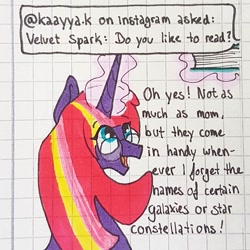 Size: 1080x1080 | Tagged: safe, artist:galaxy.in.mind, oc, oc only, oc:velvet spark, pony, ask, book, bust, female, glasses, glowing horn, graph paper, horn, magic, magical lesbian spawn, mare, offspring, parent:tempest shadow, parent:twilight sparkle, parents:tempestlight, solo, telekinesis, traditional art