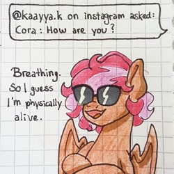 Size: 1080x1080 | Tagged: safe, artist:galaxy.in.mind, oc, oc only, oc:cora, pegasus, pony, :d, ask, bust, crossed arms, female, graph paper, mare, open mouth, pegasus oc, smiling, solo, sunglasses, traditional art, wings