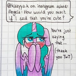 Size: 1080x1080 | Tagged: safe, artist:galaxy.in.mind, oc, oc only, oc:angela, alicorn, pony, alicorn oc, ask, blushing, bust, female, graph paper, horn, mare, solo, traditional art, two toned wings, wings