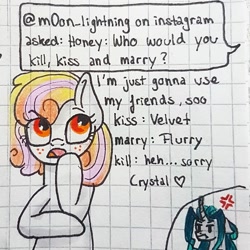 Size: 1080x1080 | Tagged: safe, artist:galaxy.in.mind, oc, oc only, oc:crystal dawn, oc:honey glaze, changepony, earth pony, pony, unicorn, angry, ask, bust, cross-popping veins, duo, earth pony oc, eyelashes, freckles, graph paper, horn, magical lesbian spawn, offspring, open mouth, parent:applejack, parent:princess celestia, parent:queen chrysalis, parent:rarity, parents:chryslestia, parents:rarijack, thinking, traditional art, unicorn oc