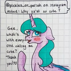 Size: 1080x1080 | Tagged: safe, artist:galaxy.in.mind, oc, oc only, oc:angela, alicorn, pony, alicorn oc, ask, blushing, bust, female, graph paper, horn, mare, raised hoof, solo, traditional art, two toned wings, wings