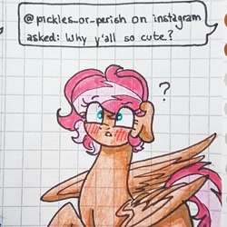 Size: 1080x1080 | Tagged: safe, artist:galaxy.in.mind, oc, oc only, oc:cora, pegasus, pony, ask, blushing, bust, female, graph paper, mare, pegasus oc, question mark, solo, traditional art, wings