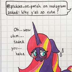 Size: 1080x1080 | Tagged: safe, artist:galaxy.in.mind, oc, oc only, oc:velvet spark, pony, unicorn, ask, blushing, bust, female, glasses, graph paper, horn, magical lesbian spawn, mare, offspring, parent:tempest shadow, parent:twilight sparkle, parents:tempestlight, solo, traditional art, unicorn oc