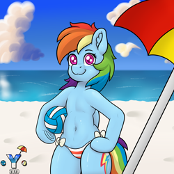 Size: 4000x4000 | Tagged: safe, artist:yelowcrom, rainbow dash, pegasus, semi-anthro, beach, beach ball, beach umbrella, bipedal, clothes, cloud, ear fluff, female, looking at you, mare, partial nudity, sky, swimsuit, topless