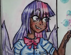 Size: 1080x836 | Tagged: safe, alternate version, artist:puqui738, twilight sparkle, human, g4, bust, clothes, dark skin, female, grin, humanized, smiling, solo, traditional art, winged humanization, wings