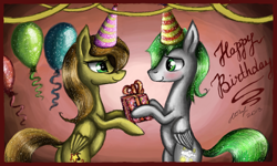 Size: 854x512 | Tagged: safe, derpibooru exclusive, oc, oc:dreamer skies, pegasus, pony, abstract background, balloon, birthday, blushing, celebration, detailed, gift giving, looking at each other, pegasus oc, present, signature, smiling, sparkles, standing, standing on one leg, unknown pony, wings