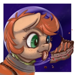 Size: 900x893 | Tagged: safe, artist:kovoranu, oc, oc only, oc:rusty gears, earth pony, pony, astronaut, birthday, cake, food, helmet, solo, space, spacesuit, tongue out