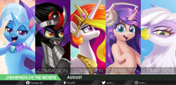 Size: 8000x3905 | Tagged: safe, artist:pyropk, gilda, king sombra, princess celestia, trixie, oc, oc:melody verve, alicorn, griffon, pony, unicorn, g4, female, male