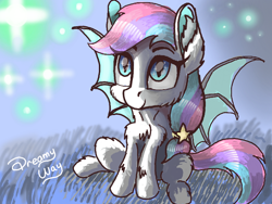 Size: 680x512 | Tagged: safe, artist:dreamyskies, derpibooru exclusive, oc, oc only, oc:dreamyway skies, bat pony, pony, abstract background, bat pony oc, bat wings, chest fluff, cute, dream, ear fluff, female, fluffy, looking up, lowres, mare, night, quick draw, rough, sitting, sketch, smiling, solo, sparkles, starry eyes, stars, this will never finish, wingding eyes, wings