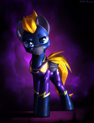 Size: 2300x3000 | Tagged: safe, artist:shido-tara, oc, oc only, oc:blaze (shadowbolt), pegasus, pony, clothes, commission, costume, darkness, glasses, high res, looking at you, pegasus oc, shadowbolts, shadowbolts costume, wings