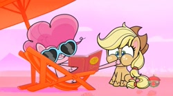 Size: 1669x931 | Tagged: safe, screencap, applejack, pinkie pie, earth pony, pony, don't look a .gif horse in the mouth, g4.5, my little pony: pony life, book, context is for the weak, female, mare, sunglasses