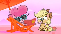 Size: 1669x931 | Tagged: safe, screencap, applejack, pinkie pie, earth pony, pony, don't look a .gif horse in the mouth, g4, g4.5, my little pony: pony life, book, context is for the weak, female, mare, sunglasses