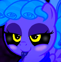 Size: 885x896 | Tagged: safe, artist:mellow91, edit, edited screencap, screencap, cozy glow, oc, oc only, oc:uglotha, pony, g4, bedroom eyes, black sclera, blushing, female, nightmare fuel, possessed, smiling, smirk, solo, spread wings, tongue out, wings, yellow eyes