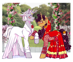 Size: 2930x2497 | Tagged: safe, artist:djkaskan, saffron masala, zesty gourmand, pony, unicorn, g4, blushing, clothes, dress, ear piercing, earring, female, flower, grin, high res, holding hooves, horn, horn ring, jewelry, lesbian, mare, marriage, nose piercing, piercing, raised hoof, ring, rose, shipping, smiling, suit, wedding, wedding dress, wedding ring, zesty masala