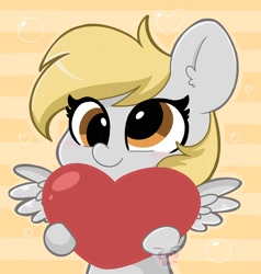 Size: 1900x2000 | Tagged: safe, artist:kittyrosie, derpy hooves, pegasus, pony, g4, abstract background, bipedal, blushing, cute, derp, derpabetes, female, heart, mare, signature, simple background, smiling, solo, spread wings, wings