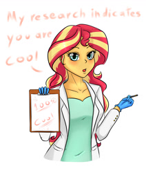 Size: 1100x1300 | Tagged: safe, artist:albertbm, sunset shimmer, equestria girls, g4, clipboard, dialogue, female, looking at you, pen, research, science, simple background, solo, talking to viewer, white background