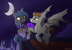 Size: 2000x1401 | Tagged: safe, artist:andaluce, oc, oc only, oc:devin, oc:gotha, bat pony, pony, cute, female, flower, flying, guardsmare, looking at each other, male, mare, moon, night, oc x oc, rooftop, royal guard, scenery, shipping, smiling, spread wings, stallion, straight, wings