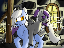 Size: 1890x1417 | Tagged: safe, artist:mint5torm, oc, oc:hash, oc:purple haze, bat pony, pony, ..., bat pony oc, bat wings, beer bottle, drunk, fangs, hoof hold, night, ponies riding ponies, riding, tattoo, wings