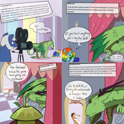 Size: 2562x2562 | Tagged: safe, artist:professor-ponyarity, oc, oc:color flare, oc:maxi, oc:rye, dragon, pony, unicorn, wolf, tumblr:ask rye dimar dragon, camera, high res