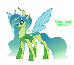 Size: 1149x1015 | Tagged: safe, artist:hate-love12, queen chrysalis, changedling, changeling, changeling queen, g4, changedling queen, changedlingified, cute, cutealis, female, mare, purified chrysalis, simple background, smiling at you, solo, standing, text, transparent background