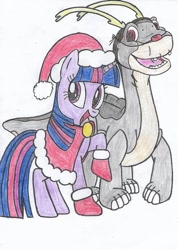 Size: 909x1280 | Tagged: safe, artist:cybertronianbrony, twilight sparkle, dinosaur, pony, unicorn, g4, antlers, apatosaurus, christmas, clothes, costume, crossover, cute, don bluth, duo, duo male and female, female, hat, holiday, littlefoot, male, mare, santa costume, santa hat, simple background, the land before time, traditional art, twiabetes, unicorn twilight, white background