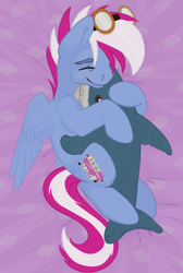 Size: 2683x4000 | Tagged: safe, artist:macyw, oc, oc only, oc:steam loco, pegasus, pony, shark, commission, cuddling, cute, eyes closed, goggles, male, pegasus oc, simple background, sleeping, smiling, solo, spread wings, wings, ych result