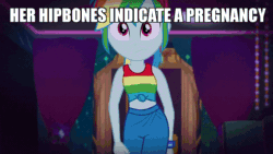 Size: 1200x675 | Tagged: safe, edit, edited screencap, screencap, rainbow dash, equestria girls, equestria girls specials, g4, my little pony equestria girls: better together, my little pony equestria girls: spring breakdown, animated, caption, clothes, female, front knot midriff, gif, hips, i can't believe it's not useraccount, image macro, implied pregnancy, midriff, op is on drugs, sleeveless, swaying hips, tank top, text